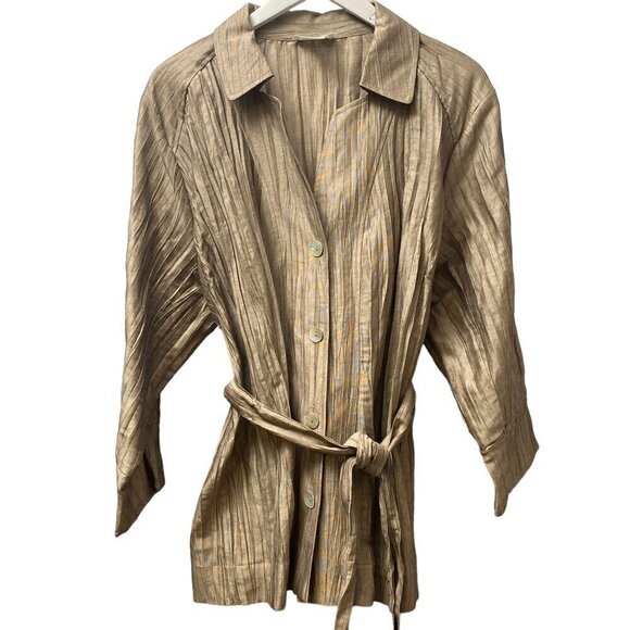 KATE HILL Jacket Plus Size 20W Linen Blend Tan Crinkle Belted Artsy Top - Picture 6 of 10